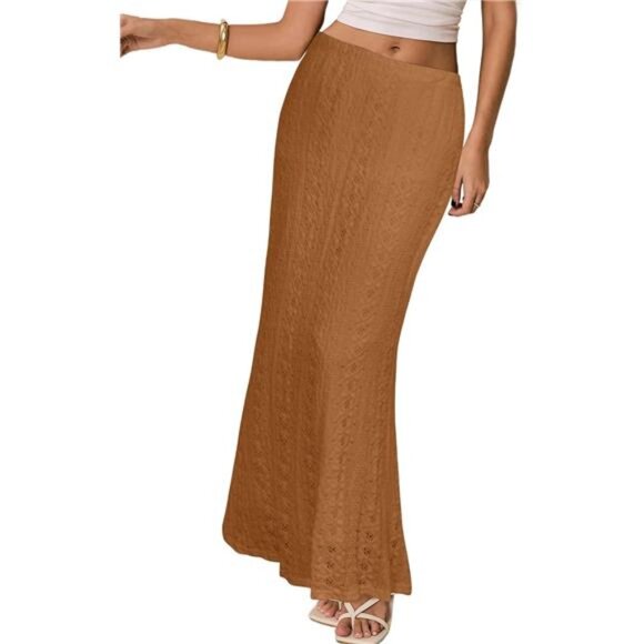 Women Crochet Skirt Summer Elastic Waist Camel - Picture 1 of 6